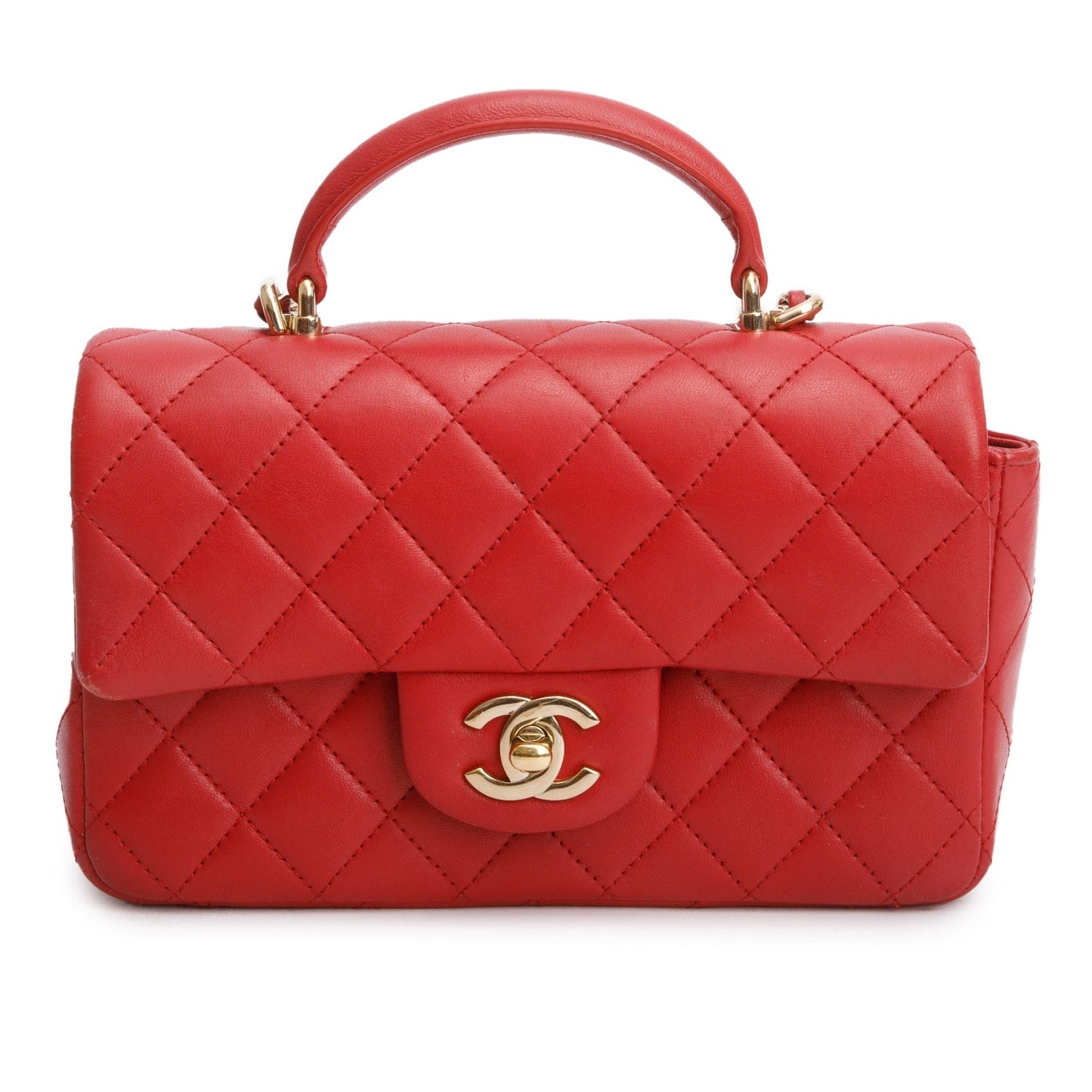 Chanel Red Lambskin Quilted Mini Top Handle Rectangular Flap
