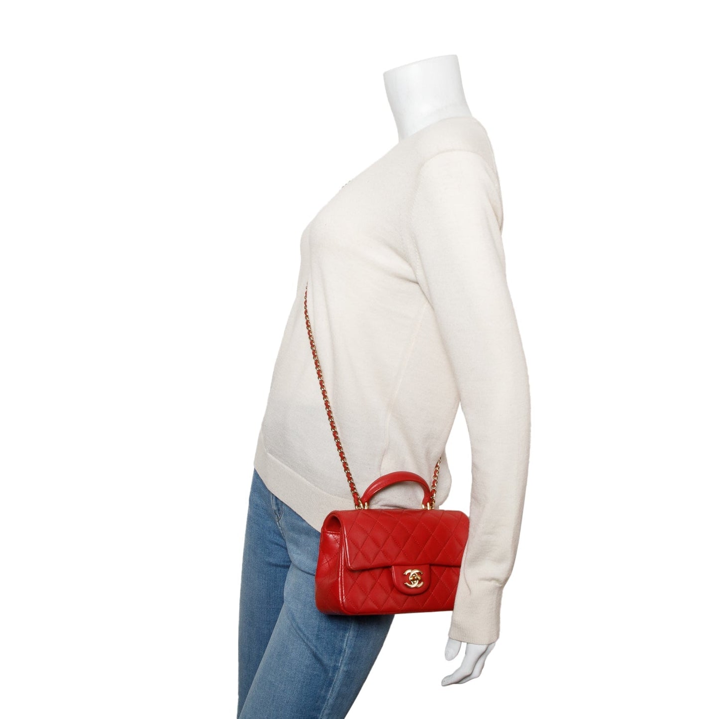 Chanel Red Lambskin Quilted Mini Top Handle Rectangular Flap
