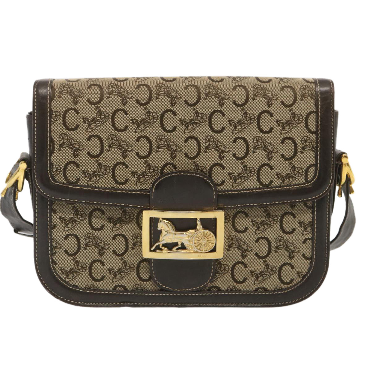 Luxury CELINE C Macadam Canvas Shoulder Bag Beige  69250