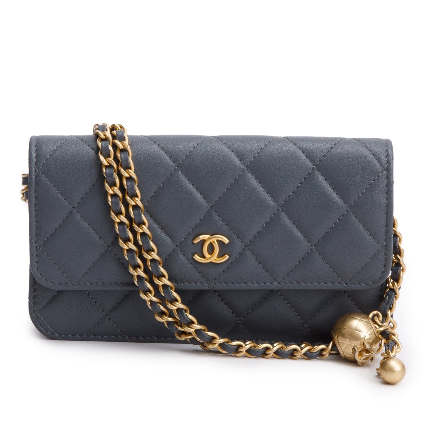 Chanel Grey Quilted Lambskin Leather CC Pearl Crush Flap Phone Holder on Chain