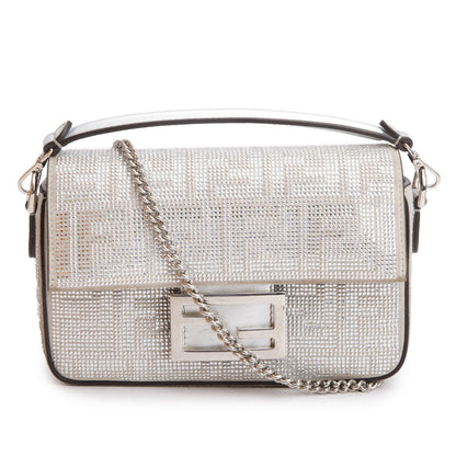 Fendi 2024 Silver FF Suede Crystal Mini Be Baguette Chain Crossbody