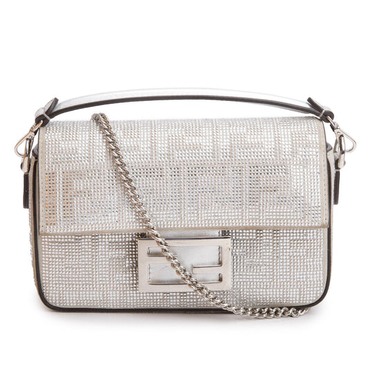Fendi 2024 Silver FF Suede Crystal Mini Be Baguette Chain Crossbody