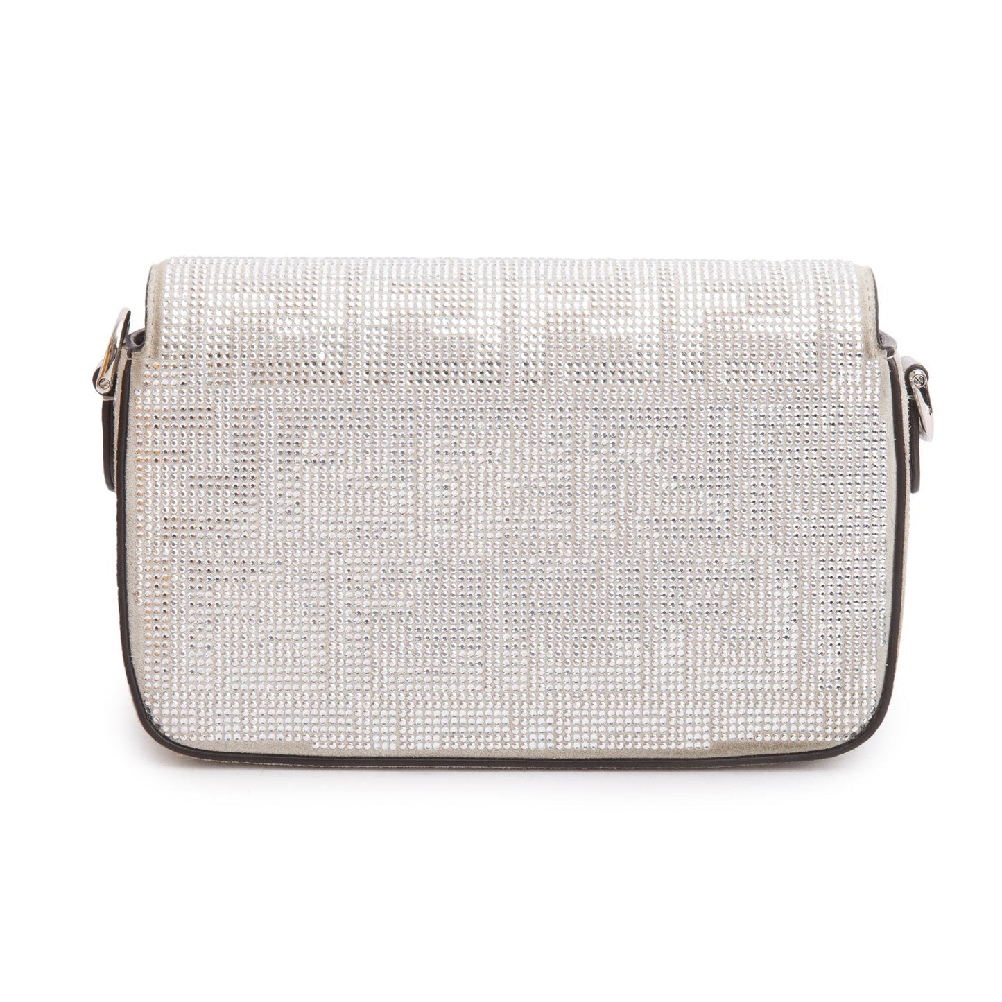 Fendi 2024 Silver FF Suede Crystal Mini Be Baguette Chain Crossbody
