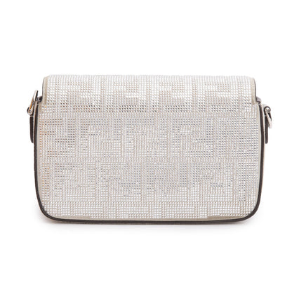 Fendi 2024 Silver FF Suede Crystal Mini Be Baguette Chain Crossbody
