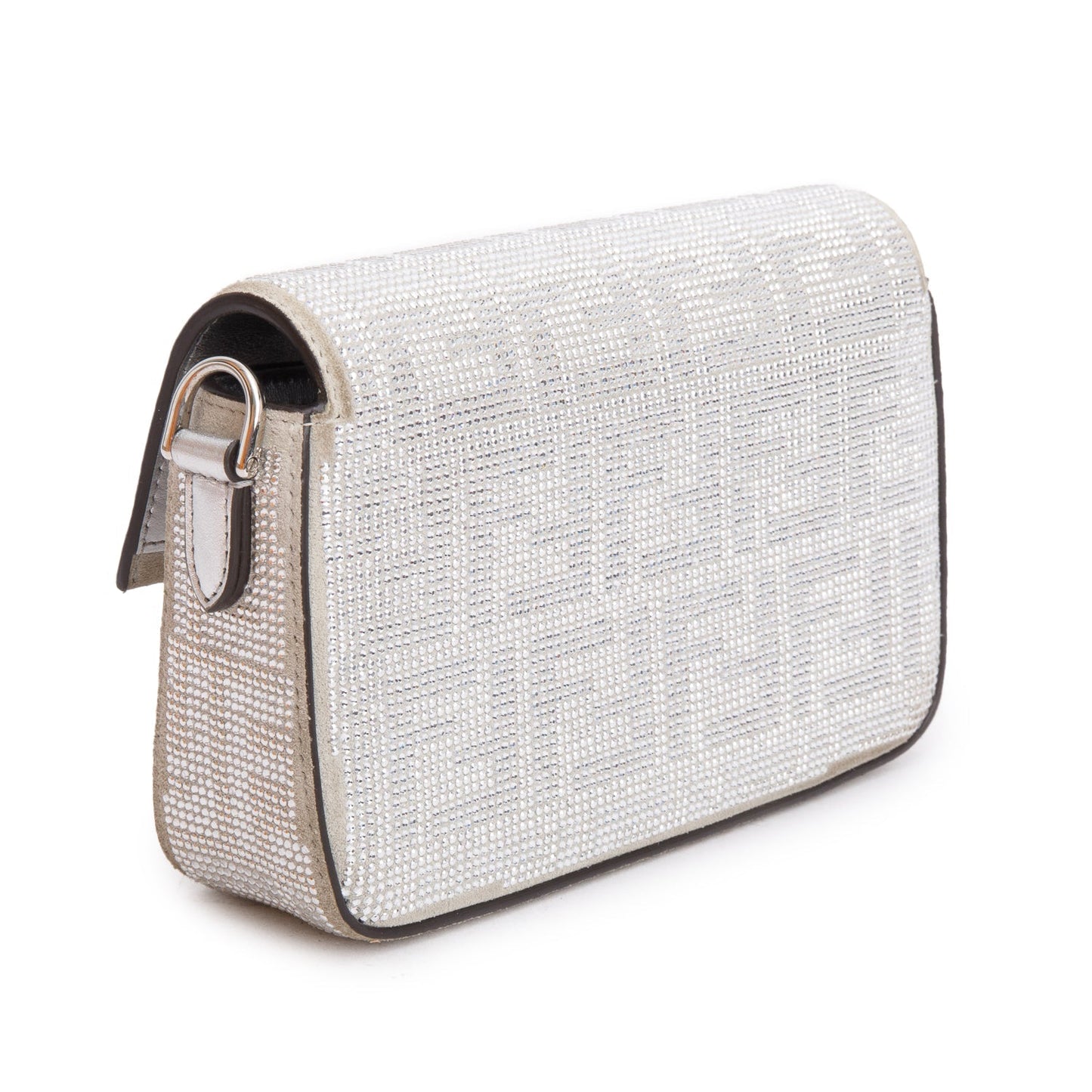 Fendi 2024 Silver FF Suede Crystal Mini Be Baguette Chain Crossbody
