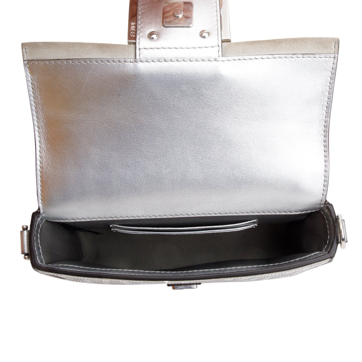 Fendi 2024 Silver FF Suede Crystal Mini Be Baguette Chain Crossbody