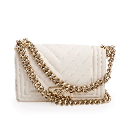 Chanel White Chevron Quilted Caviar Small Boy Bag