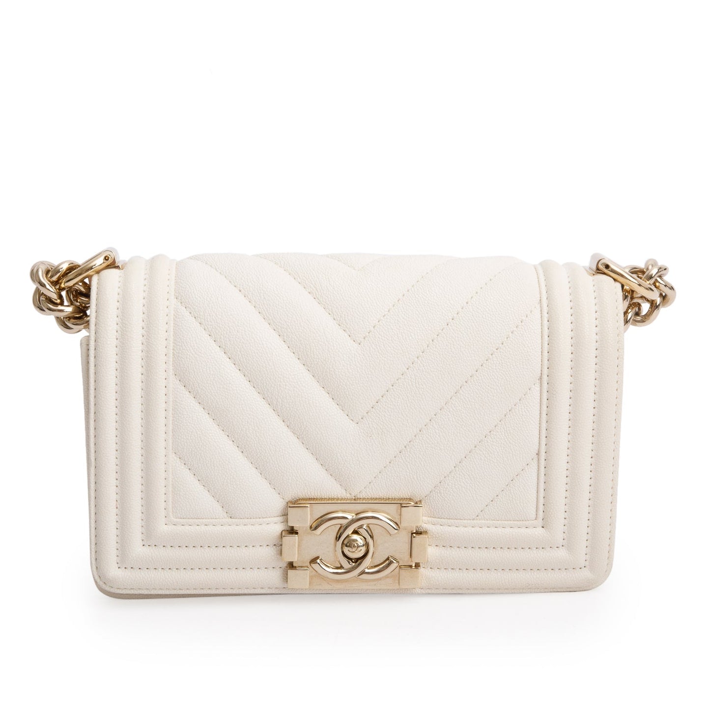 Chanel White Chevron Quilted Caviar Small Boy Bag