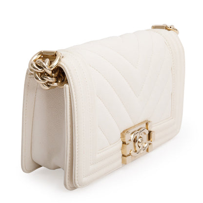 Chanel White Chevron Quilted Caviar Small Boy Bag