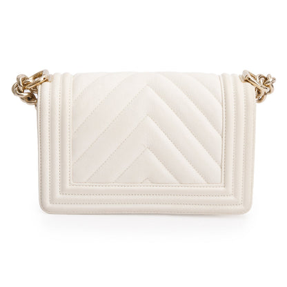 Chanel White Chevron Quilted Caviar Small Boy Bag