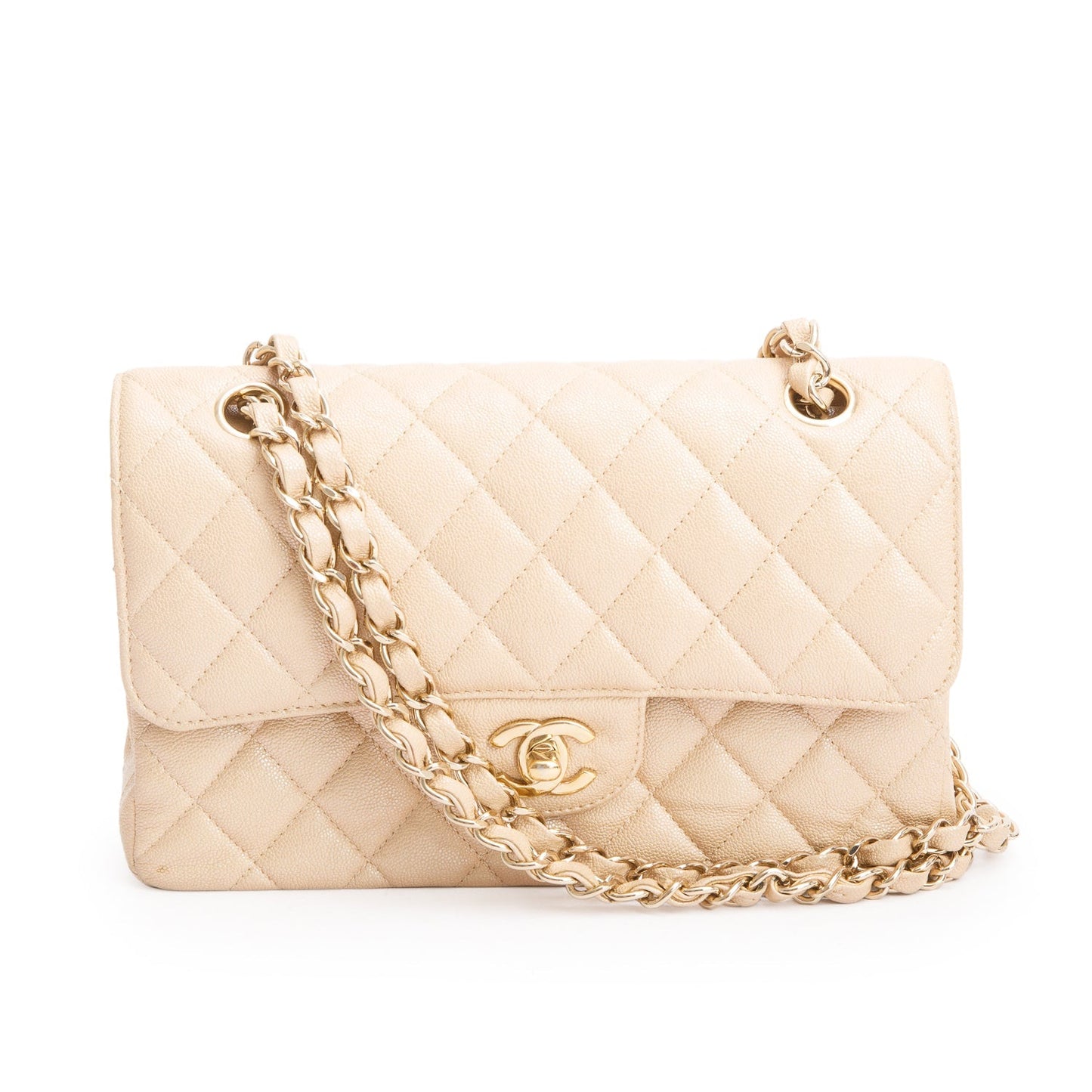 Chanel Iridescent Beige Caviar Quilted Small Double Flap Bag