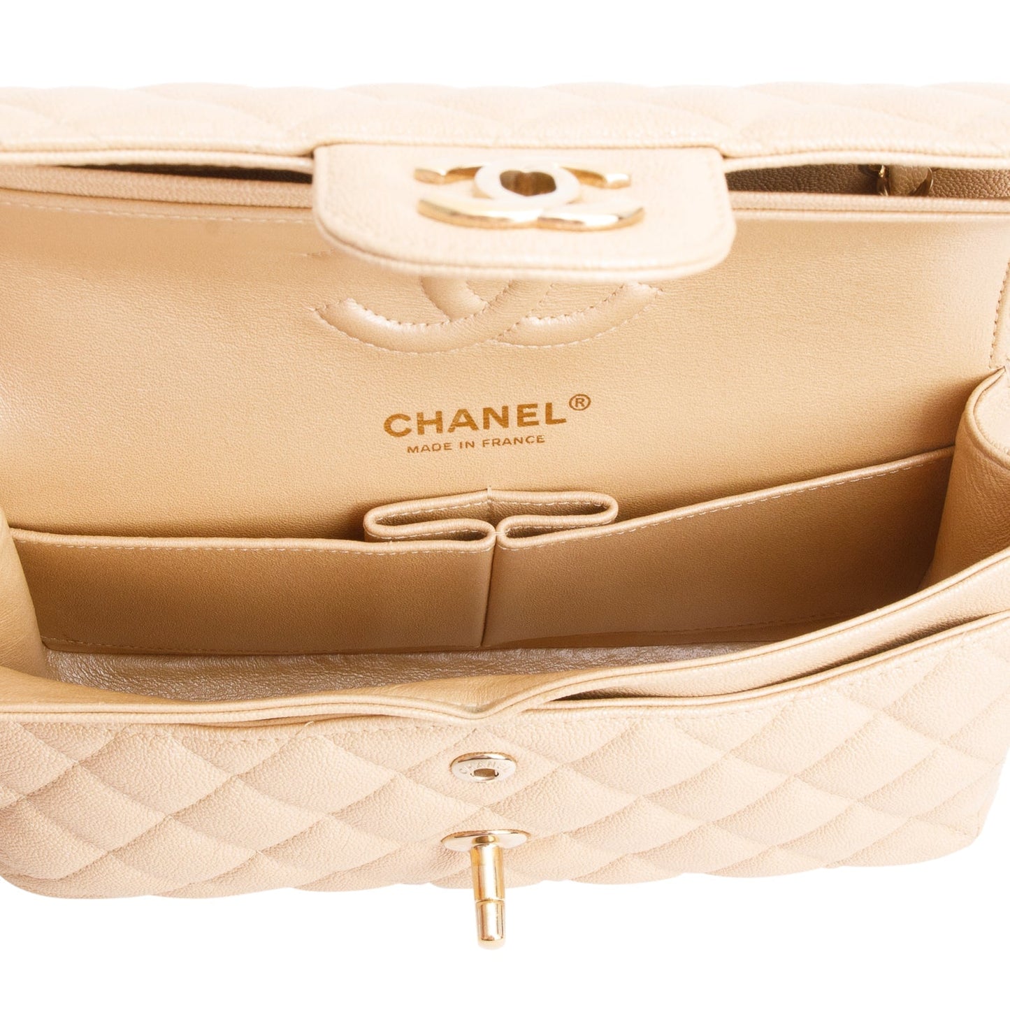 Chanel Iridescent Beige Caviar Quilted Small Double Flap Bag