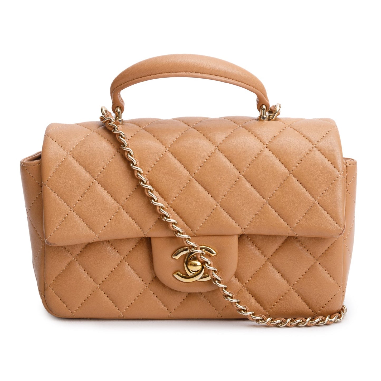 Chanel Brown Lambskin Quilted Mini Top Handle Rectangular Flap