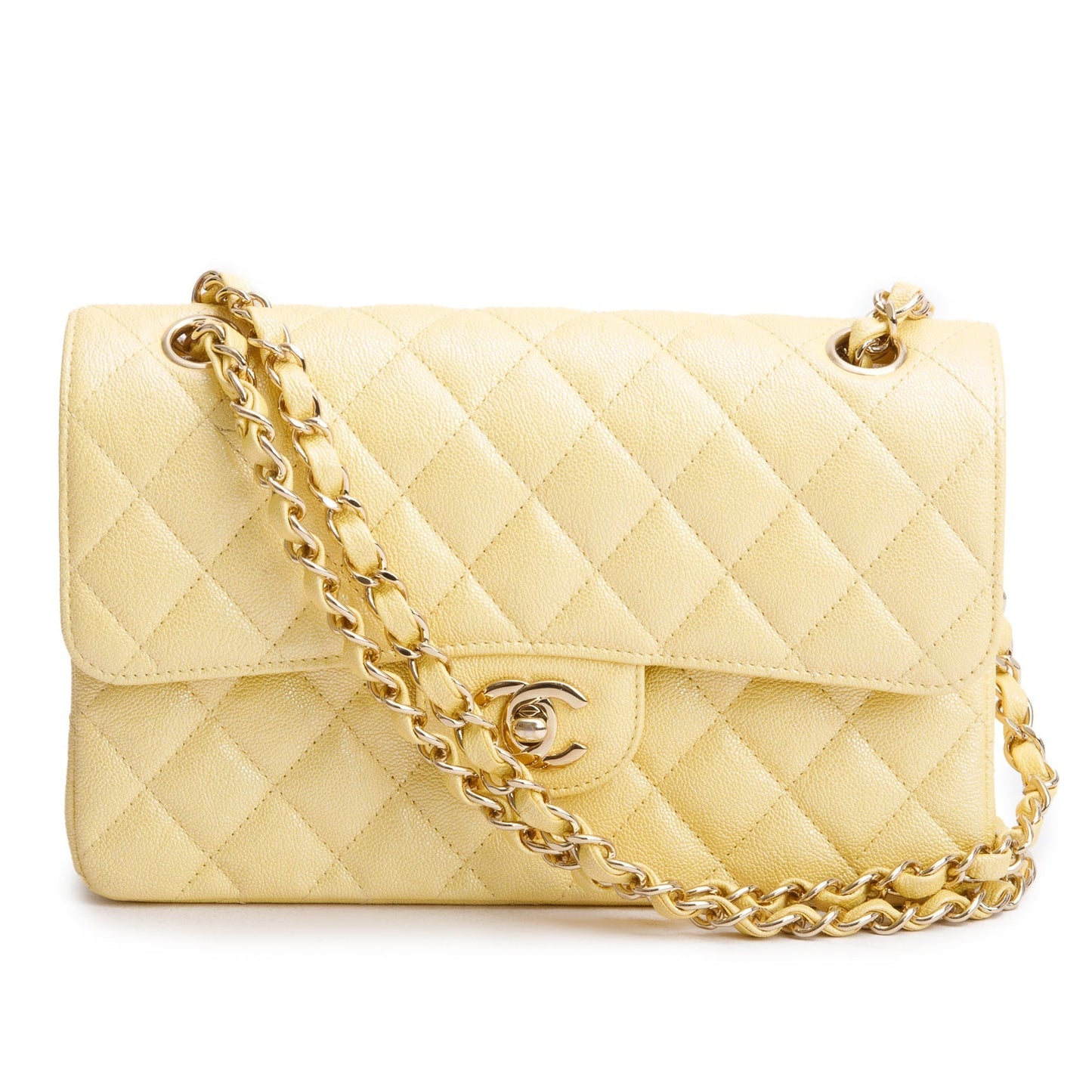 Chanel Yellow Iridescent Caviar Quilted Leather Small Double Flap Bag