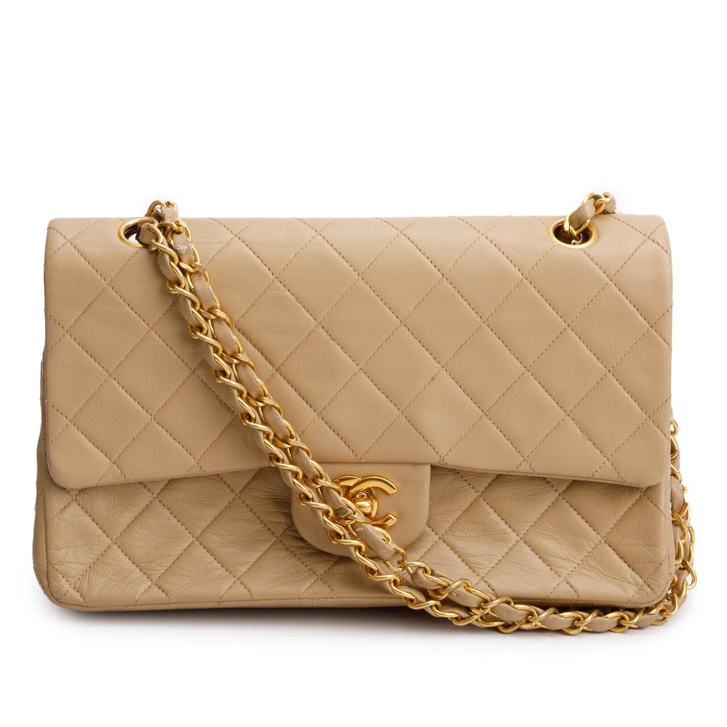 Chanel Vintage Beige Lambskin Quilted Medium Double Flap