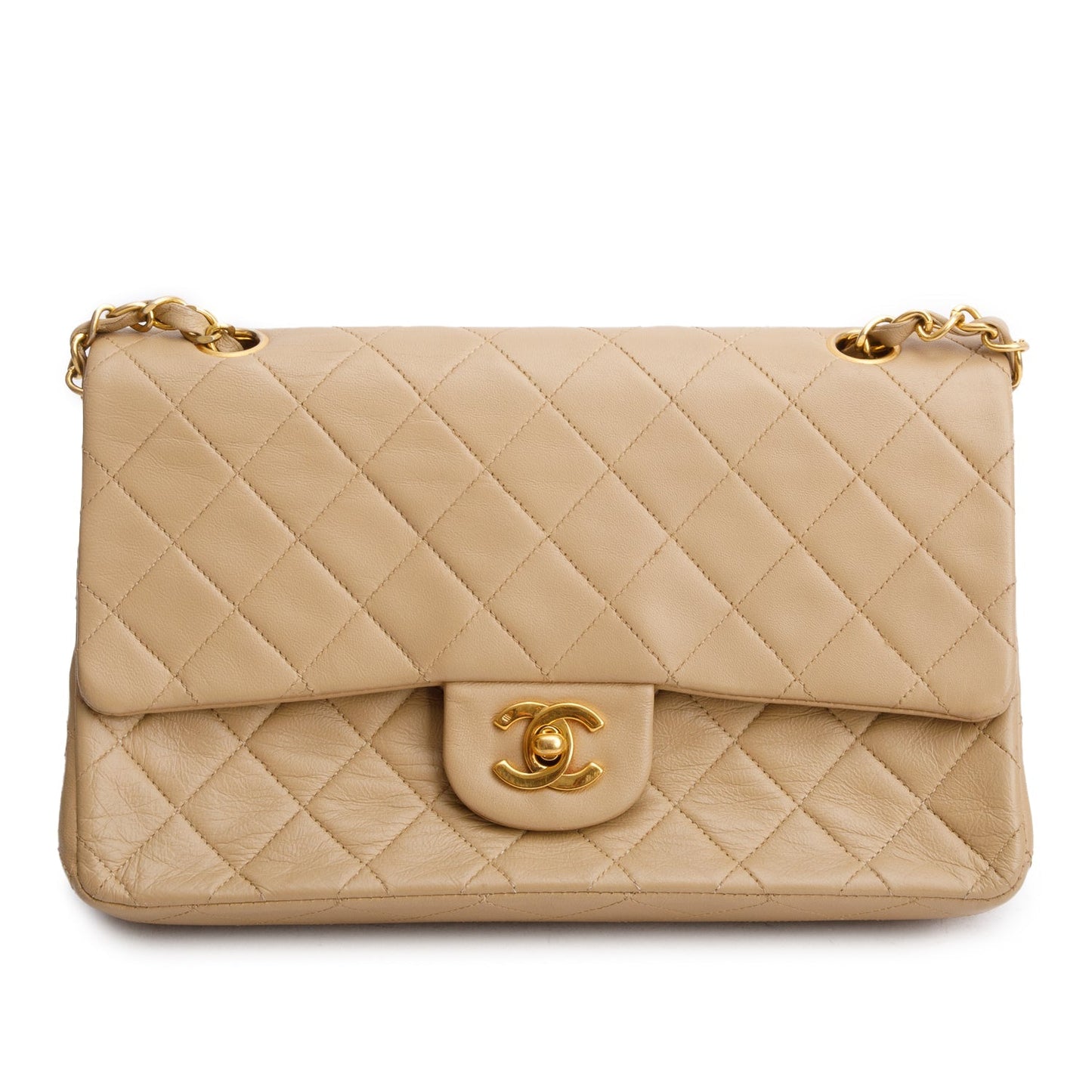 Chanel Vintage Beige Lambskin Quilted Medium Double Flap