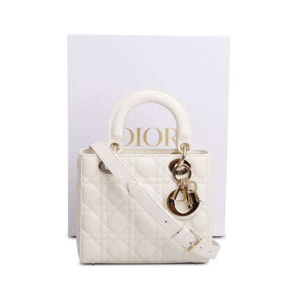Christian Dior 2024 White Grained Cannage Calfskin Leather Small Lady Dior Bag