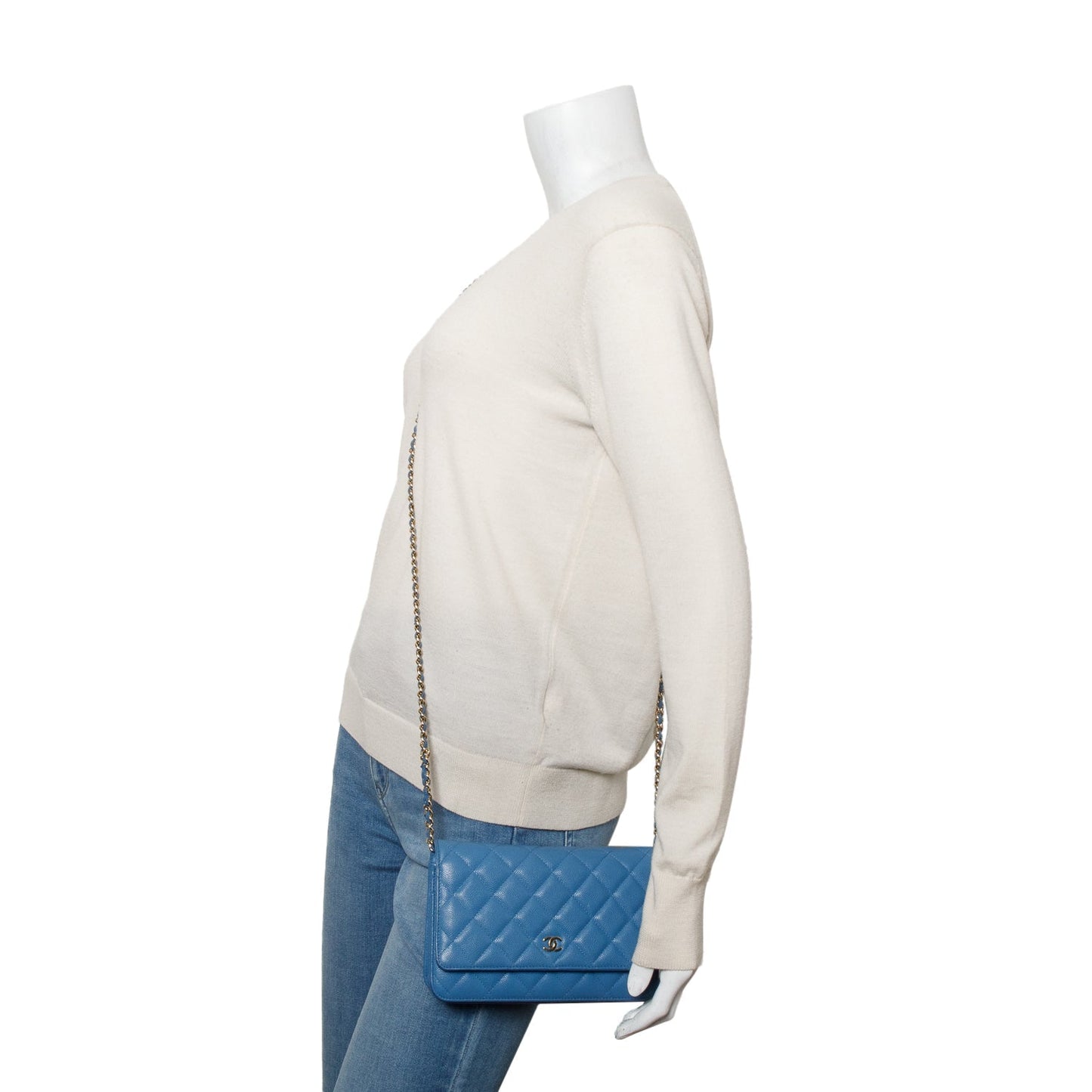Chanel 2020 Blue Quilted Caviar Leather Classic Wallet on Chain