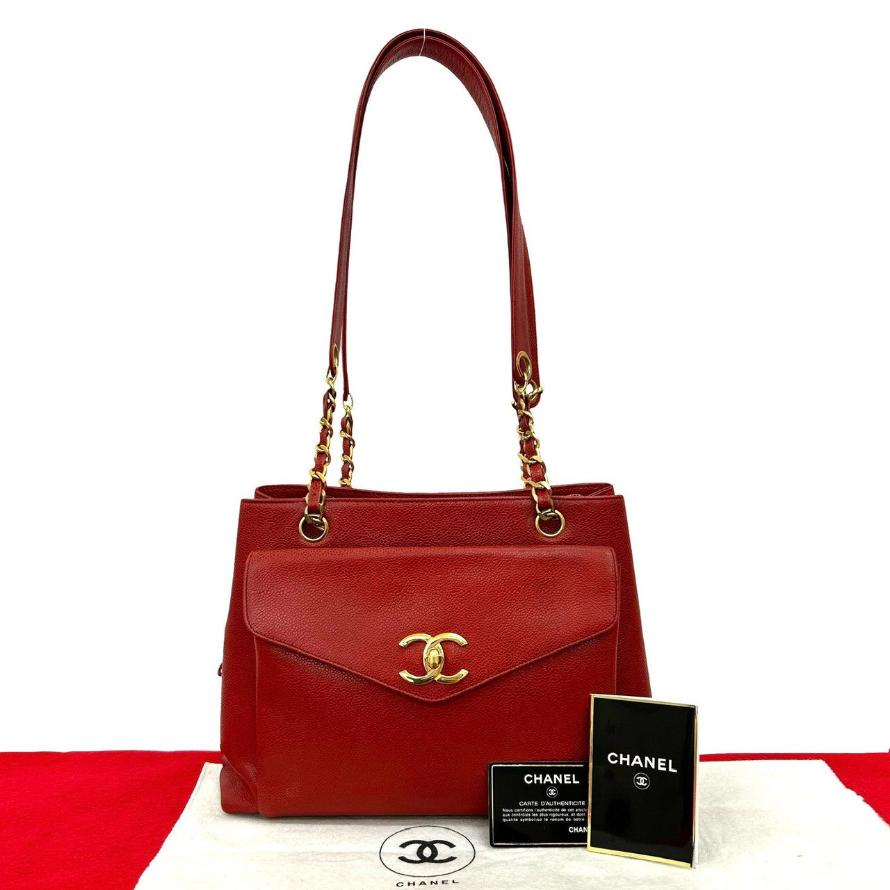 CHANEL Tote Bag Matt caviar skin Red