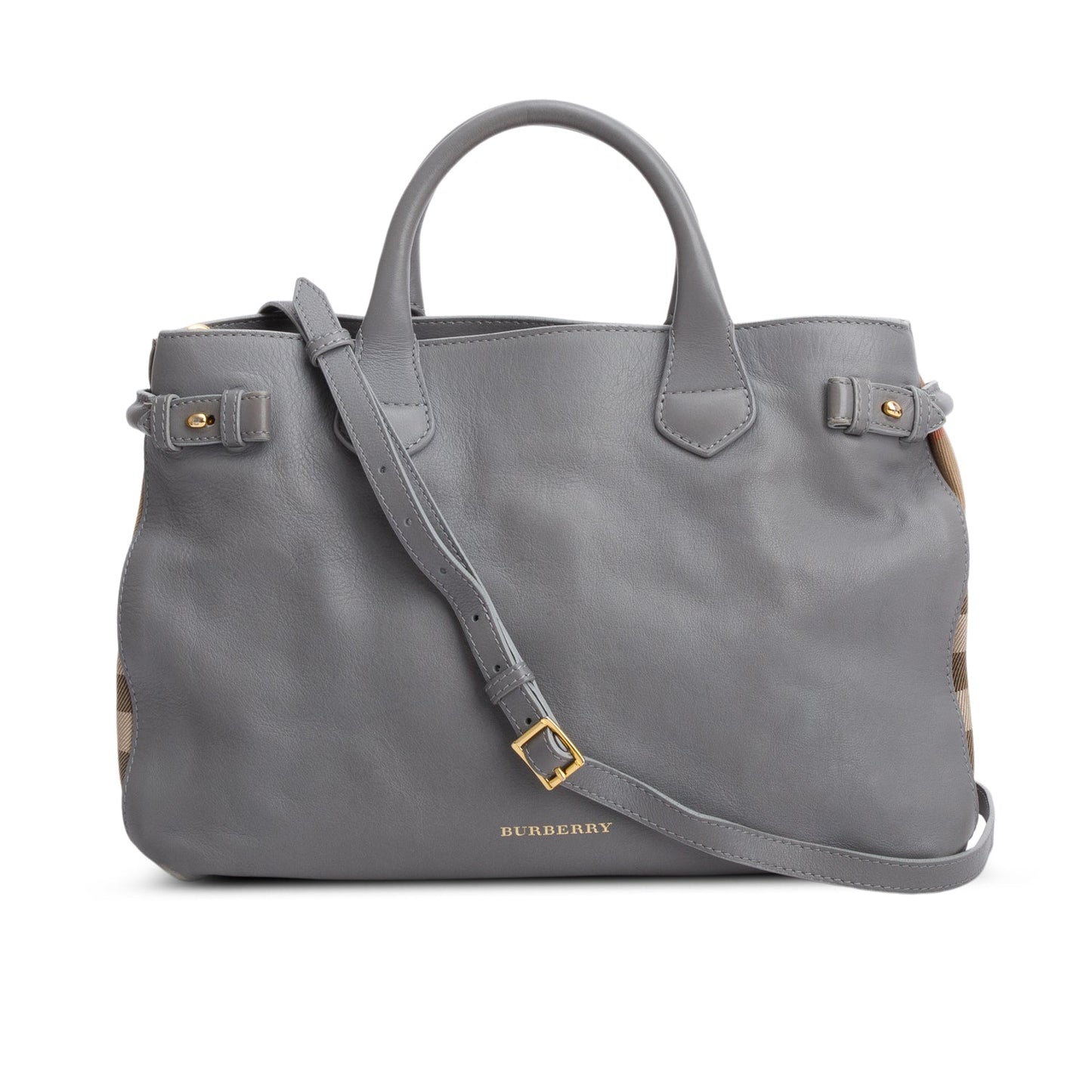 Burberry Grey Calfskin Leather House Check Medium Banner Tote