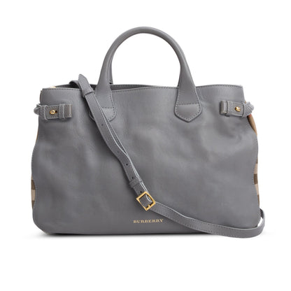 Burberry Grey Calfskin Leather House Check Medium Banner Tote
