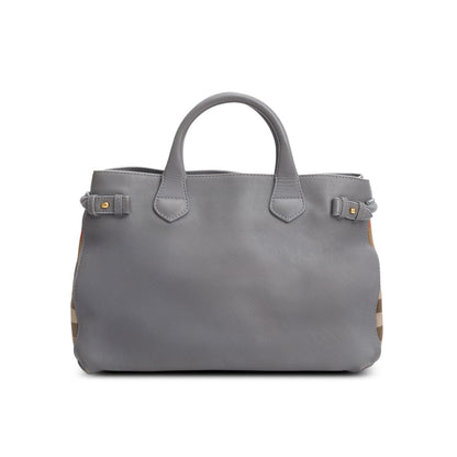 Burberry Grey Calfskin Leather House Check Medium Banner Tote