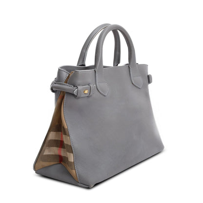 Burberry Grey Calfskin Leather House Check Medium Banner Tote