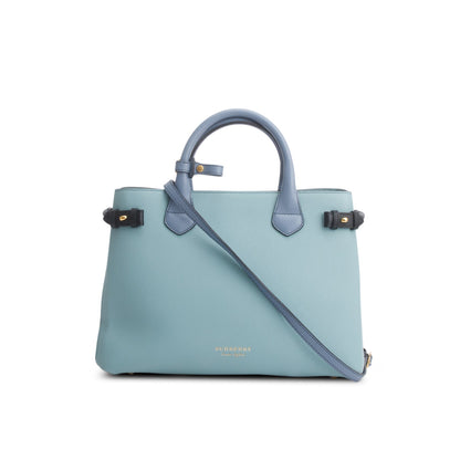 Burberry Teal Grainy Calfskin Leather House Check Medium Banner Tote