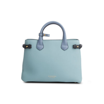 Burberry Teal Grainy Calfskin Leather House Check Medium Banner Tote