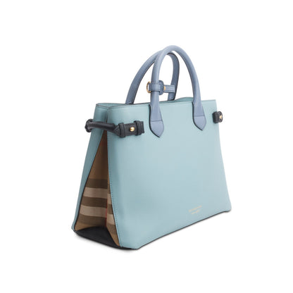 Burberry Teal Grainy Calfskin Leather House Check Medium Banner Tote