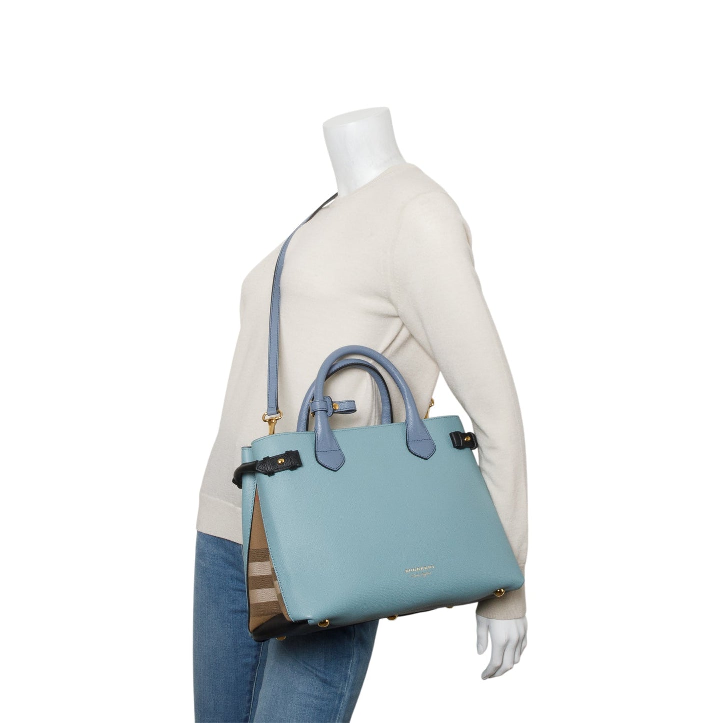 Burberry Teal Grainy Calfskin Leather House Check Medium Banner Tote
