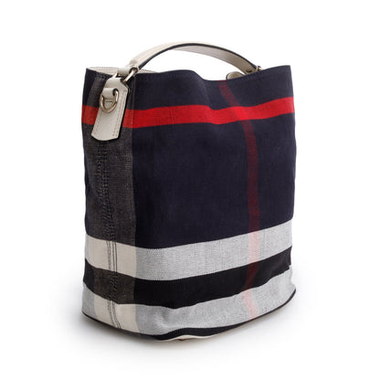 Burberry Navy Canvas Ashby Mega Check Bucket Bag
