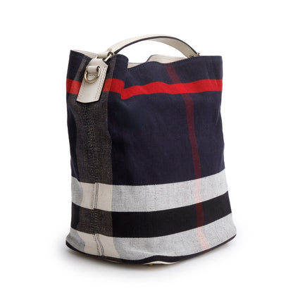Burberry Navy Canvas Ashby Mega Check Bucket Bag