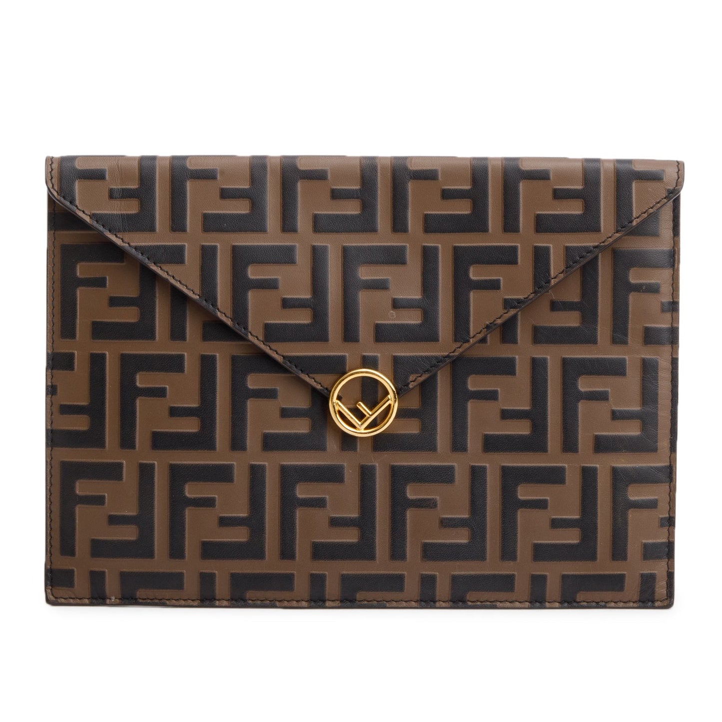 Fendi Brown Vitello Ceylon FF 1974 Embossed FF Diamonds Flat Envelope Pouch
