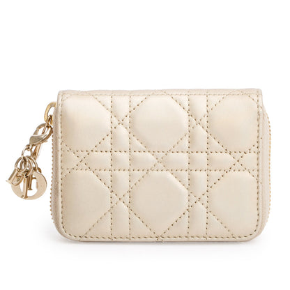 Christian Dior 2023 Iridescent Gold Cannage Lambskin Small Lady Dior Voyageur Coin Purse