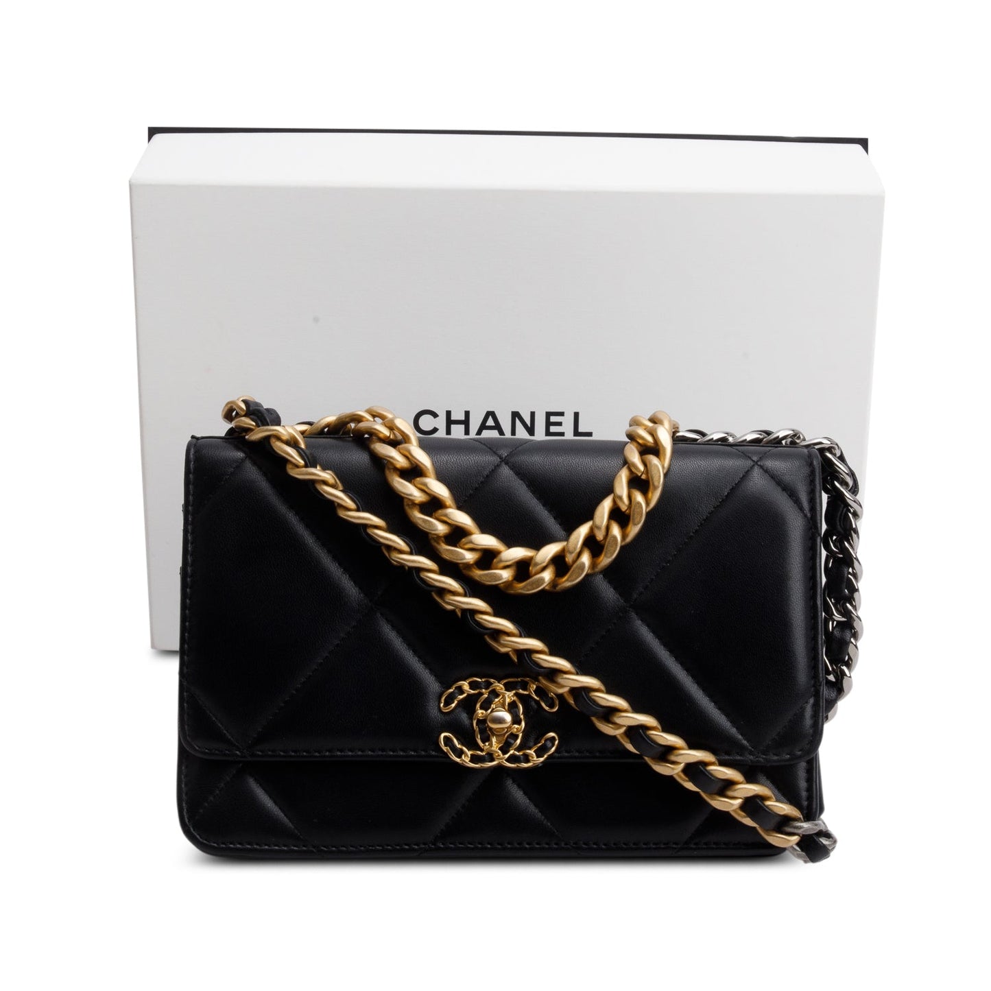 Chanel Black Quilted Lambskin Leather 19 Wallet On Chain
