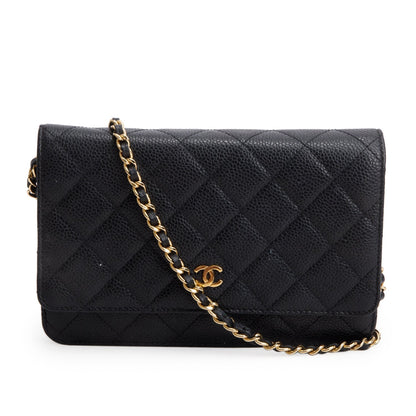 Chanel Black Quilted Caviar Leather Classic Wallet on Chain