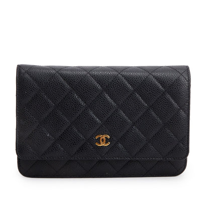 Chanel Black Quilted Caviar Leather Classic Wallet on Chain
