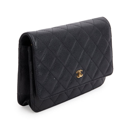 Chanel Black Quilted Caviar Leather Classic Wallet on Chain