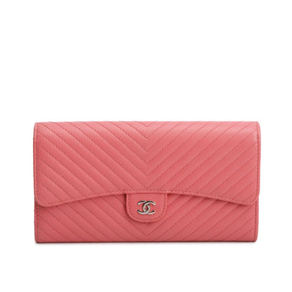Chanel Pink Chevron Caviar Leather Classic Long Flap Wallet