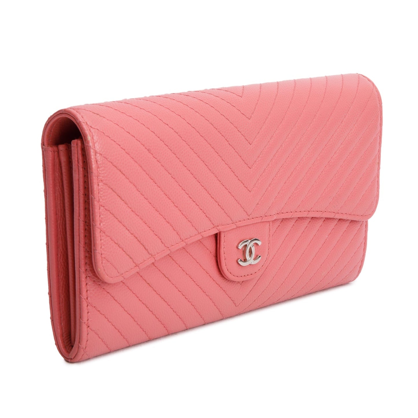 Chanel Pink Chevron Caviar Leather Classic Long Flap Wallet