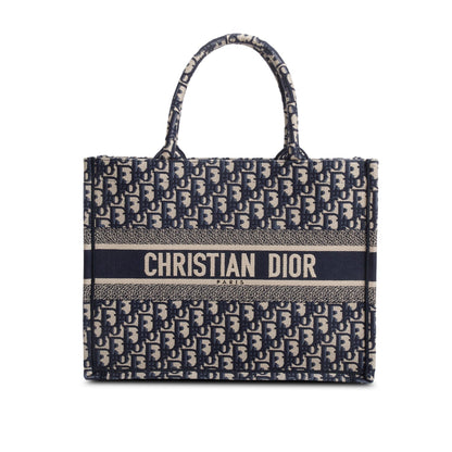 Christian Dior 2021 Ecru and Blue Oblique Embroidery Medium Book Tote