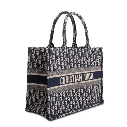 Christian Dior 2021 Ecru and Blue Oblique Embroidery Medium Book Tote