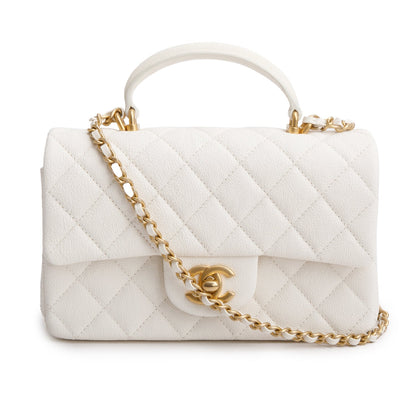 Chanel 2021 White Caviar Quilted Mini Top Handle Rectangular Bag