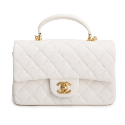 Chanel 2021 White Caviar Quilted Mini Top Handle Rectangular Bag
