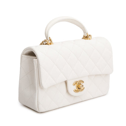 Chanel 2021 White Caviar Quilted Mini Top Handle Rectangular Bag