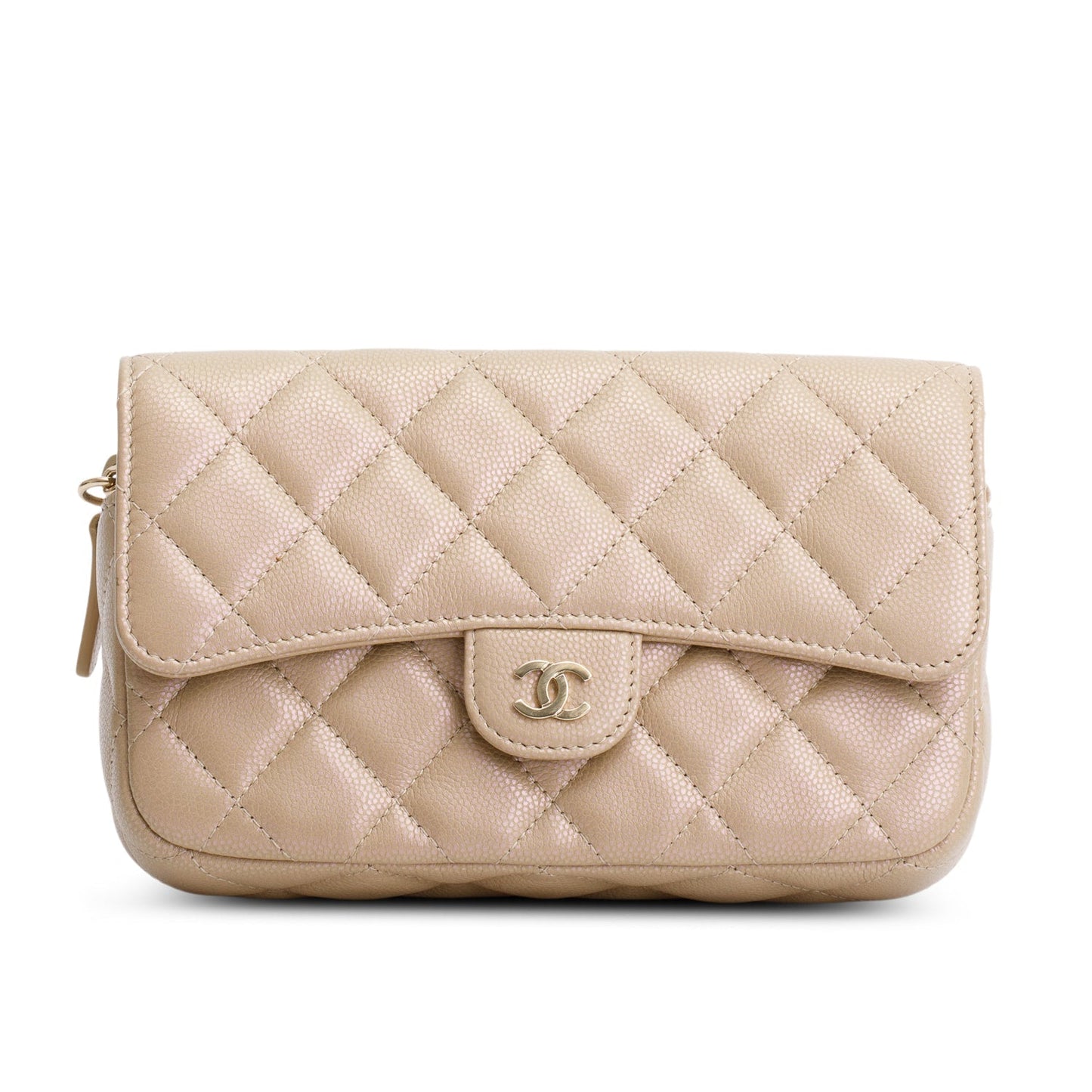 Chanel 2021 Beige Iridescent Caviar Quilted Phone Holder Wallet on Chain