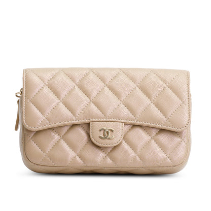 Chanel 2021 Beige Iridescent Caviar Quilted Phone Holder Wallet on Chain