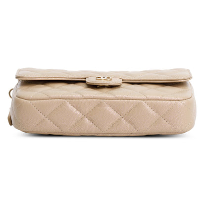 Chanel 2021 Beige Iridescent Caviar Quilted Phone Holder Wallet on Chain