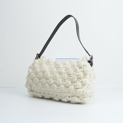 Fendi Baguette Bag White Wool Pompom Shoulder Bag